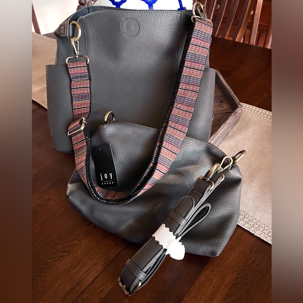 Joy Susan Kayleigh Side Pocket Bucket Bag 3-Pc Combo in Charcoal + Guitar Strap